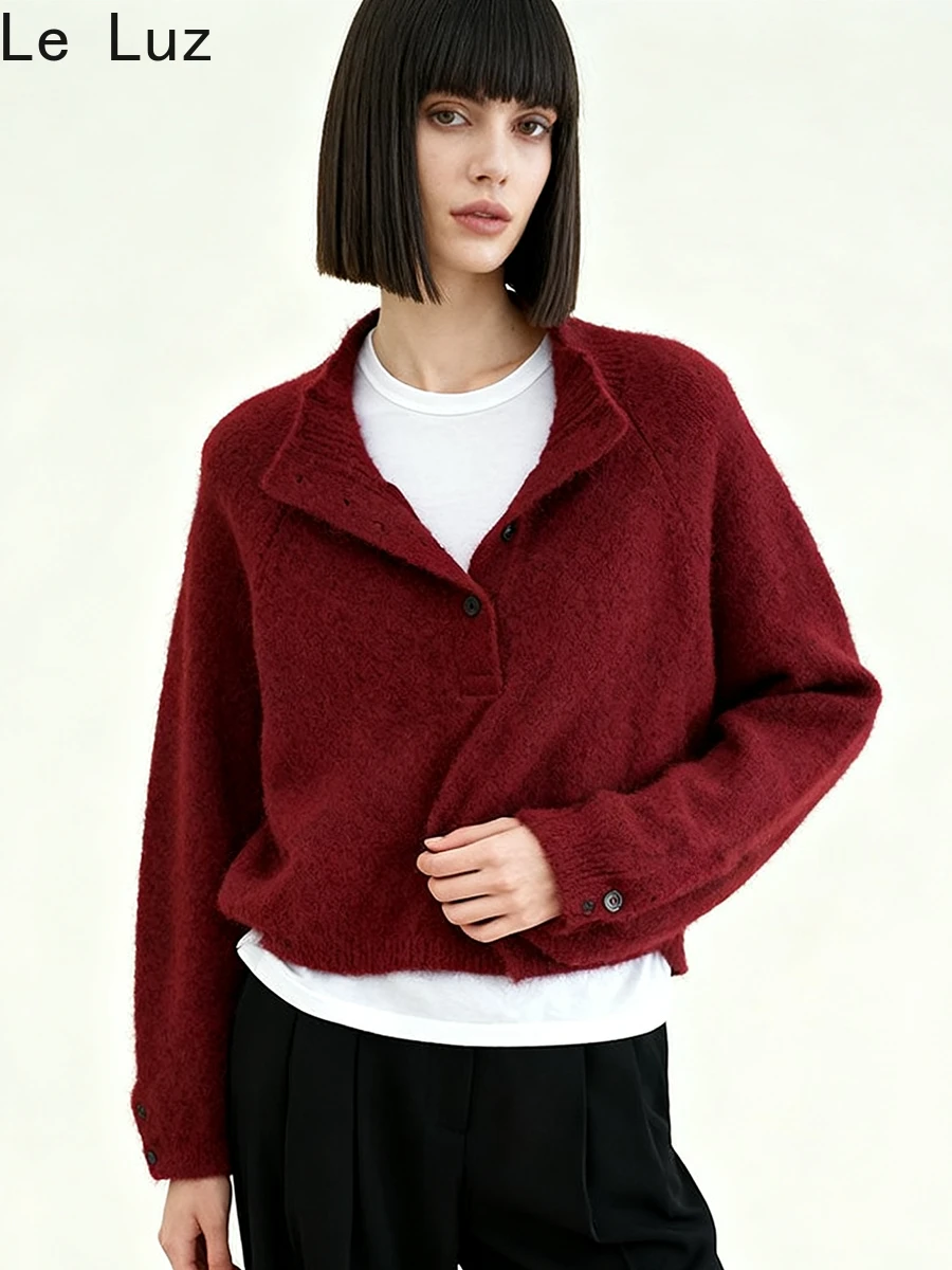 

Красный детский свитер-поло из альпаки во французском стиле, пуловер, женский шерстяной теплый красный пуговицы с длинными рукавами, повседневные женские осенние трикотажные джемперы