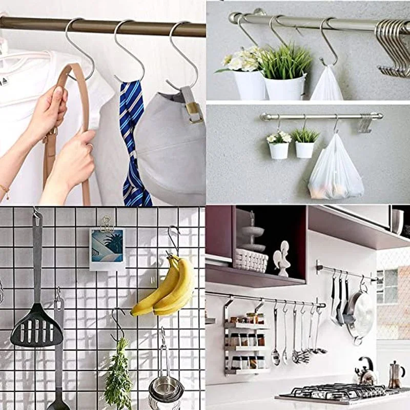 1-10pc Heavy-Duty Metal S-Hook Clasp M2-M10 Threaded Holder Hooks Multipurpose Hanger Kitchen Wardrobe Garage Storage Organizer