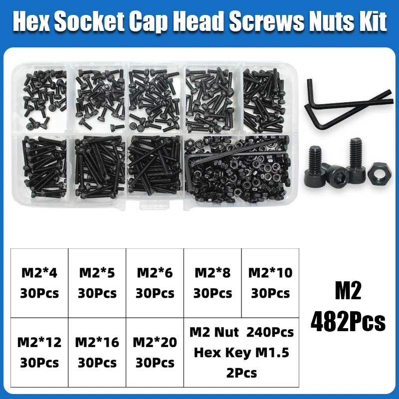 M2 M2,5 M3 M4 M5 M6 Innensechskant-Set Inbusschraube DIN912 Schwarz 12,9 Kohlenstoffstahl Schrauben Muttern Bolzen Unterlegscheibe Sortiment – Detail 15