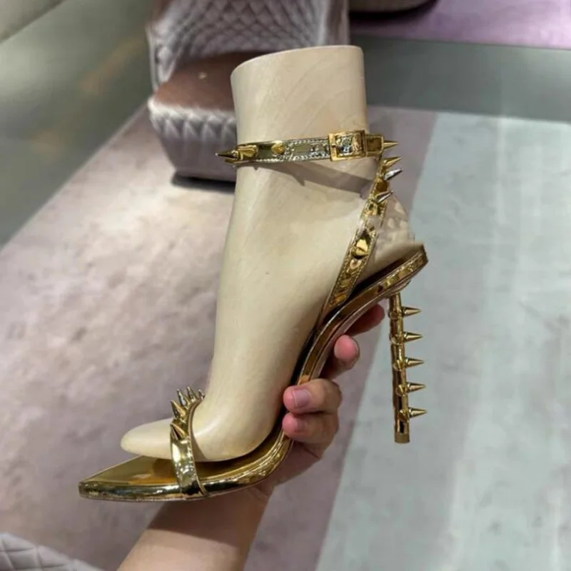 

Stylish Rivets Ankle Strap Women Sandals Gold Black Metallic Leather Peep Toe Thin Heels Evening Club Dress Shoes