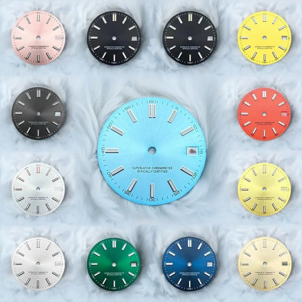 

28.5mm S Logo Sunburst Dial Fit NH35/NH36/4R Japanese Movement Latest styles Blue Luminous Dial Watch Modification Accessories
