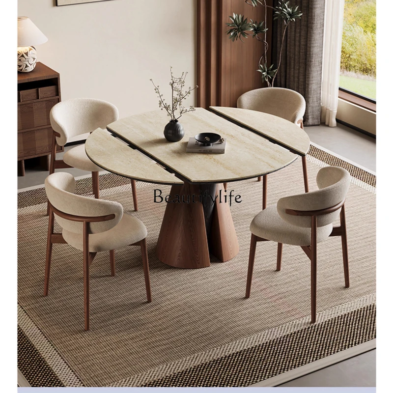 

Travertine Stone Plate Telescopic Dining Table Medieval Style Household Round Vintage Square Round Dual-use