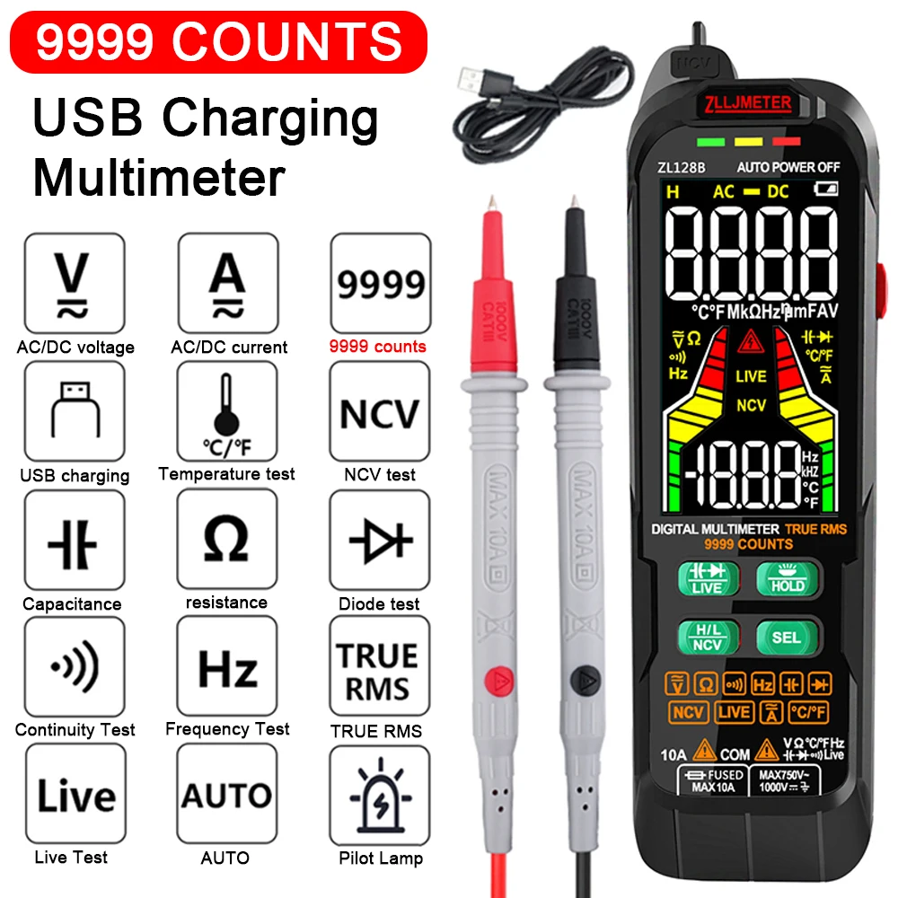 Imagem -01 - Alcance Automático Multímetro Digital Tester Carga Usb Corrente ac dc Caneta Detector de Tensão True Rms Capacitância Temp Inteligente Multímetro Tester alcance automatico multimetro digital tester carga usb corrente ac dc caneta detector de tensao true rms capacitancia temp inteligente multimetro tester 01