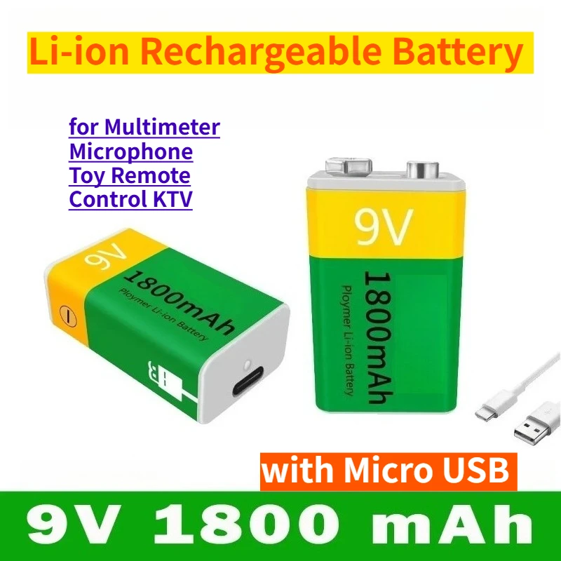 

9V 1800mAh Li-ion Rechargeable Battery with Micro USB Batteries for Multimeter Microphone Toy Remote Control KTV