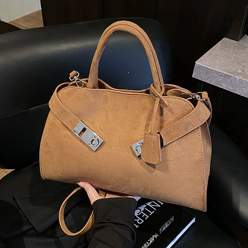 

Suede Leather Tote Bag Women Large Capaci Platinum Crossbody Bag Vintage Sle Commuter Soft PU Material Handbag