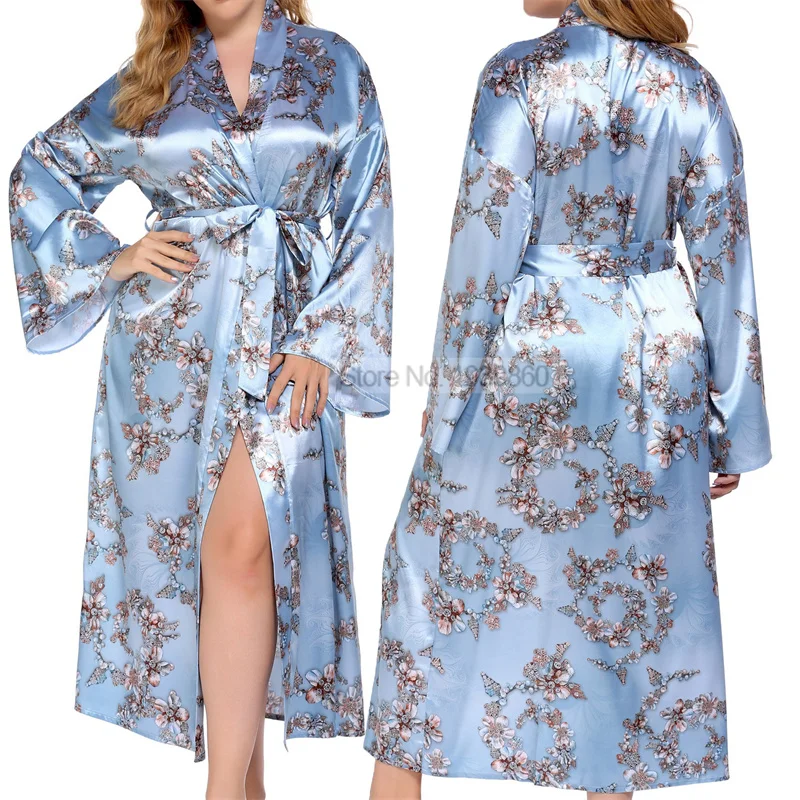 Drukuj kwiat szlafrok Kimono suknia długie damskie szlafrok Oversize koszula nocna lato dekolt bielizna nocna Rayon Sexy Loungewear bielizna