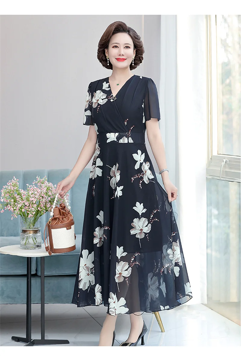 Summer Short Sleeved Chiffon Dress For Middle-aged And Elderly Women Trendy 2024 New Fashion Versatile Floral Long Skirt P384