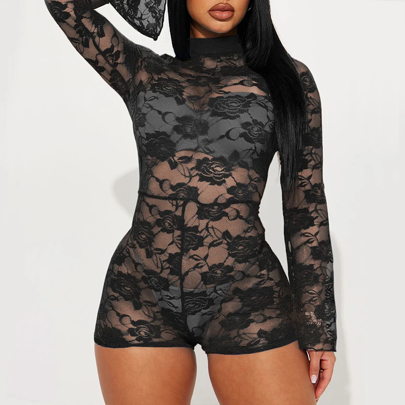 

OMSJ See-Through Lace Floral Bodycon Rompers Hollow Out Sexy Fashion Stretchable High-waist Flare Sleeves Female Jumpsuit Shorts