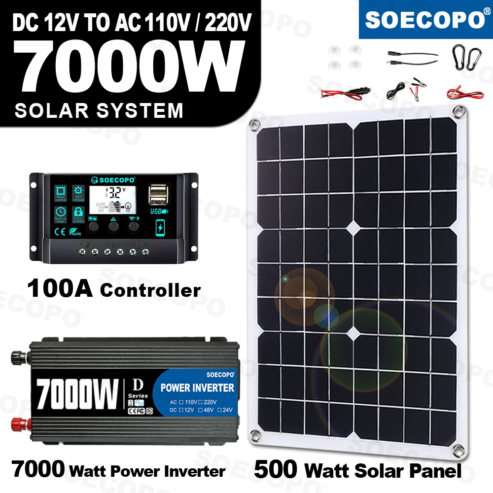 

Солнечный генератор SOECOPO 7000 Вт, панель 500 Вт, 12 В постоянного тока в переменный ток, 220 В, 110 В, инвертор 100 А, автономная система для кемпинга, CE RoHS