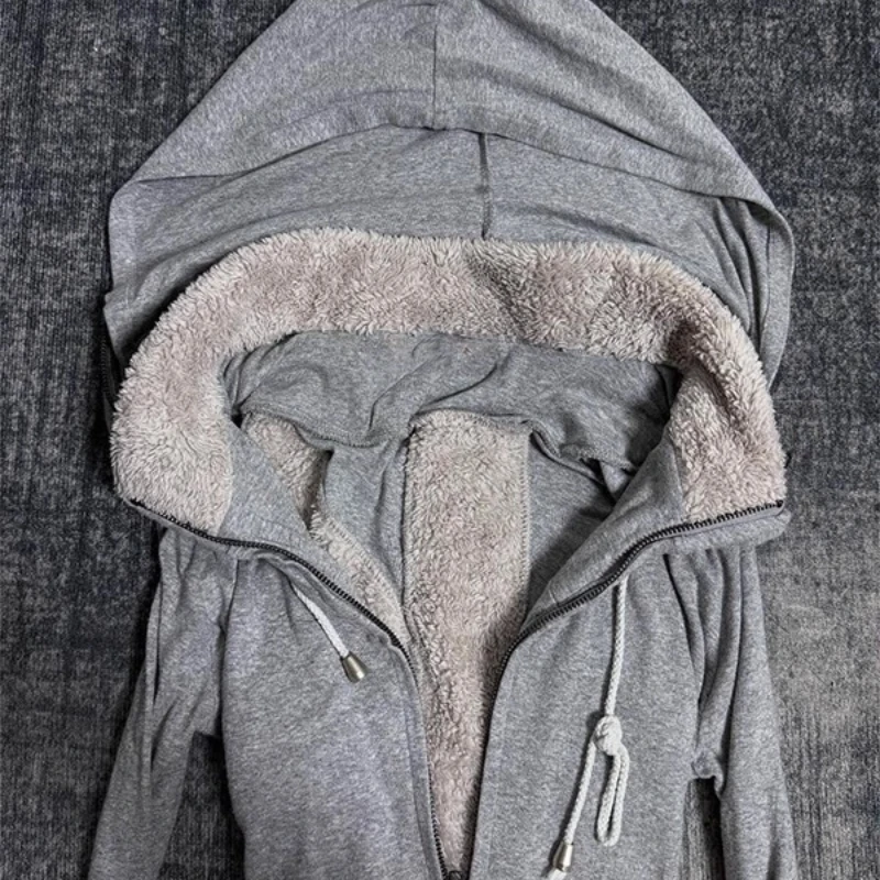 Autumn Winter New Gray Hooded Sweatshirt Women's Jackets  Original Design Lamb Wool Splicing Sweet Cool Creative Top Coat Ladies