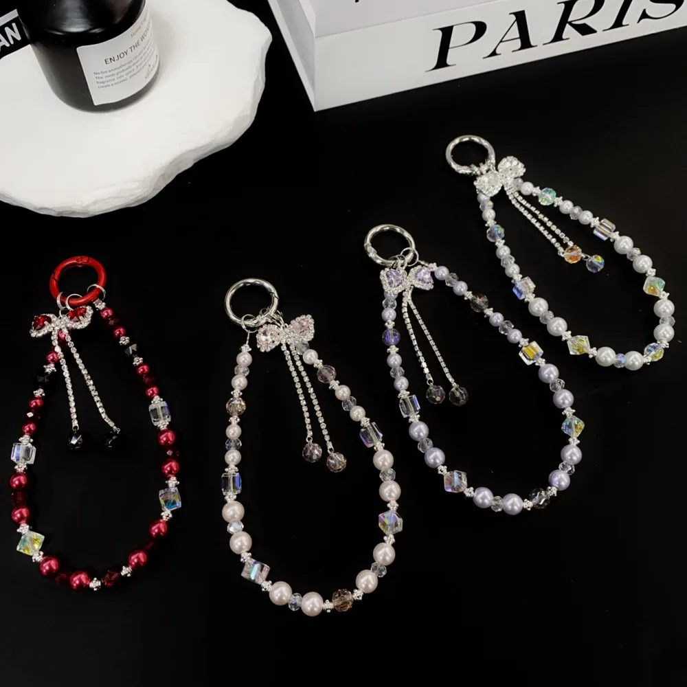 Pearl Rhinestone Phone Lanyard Bow Pendant High Luxury Rhinestone Phone Straps Short Cellphone Chain Rhinestone Phone Rope