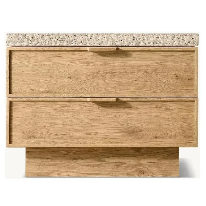 Modern Oak 2 Drawer Closed Bedside Table with Marble Wooden Bedside Table