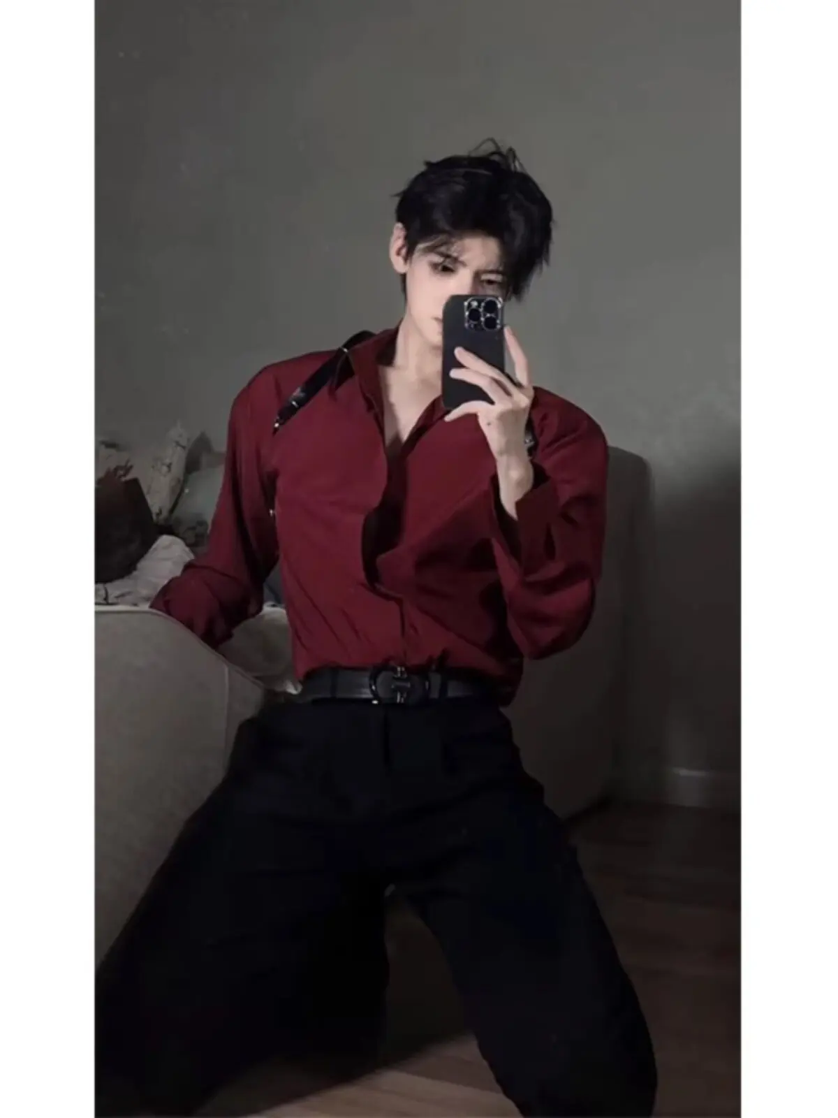 Wine Red Long Sleeve Men's Shirt Drapey Thin Anti-Wrinkle Casual Style Loose Fit Autumn Wear Daily Youth Fashion Pure Color