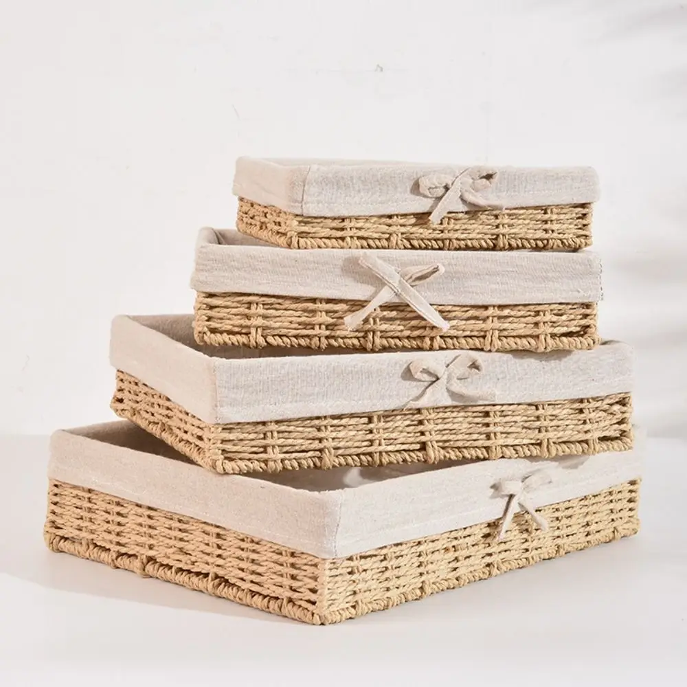 Rectangular Handmade Rattan Storage Baskets Bow French Style Weaving Storage Tray Bohemian Style Reusable Sundries Organizer