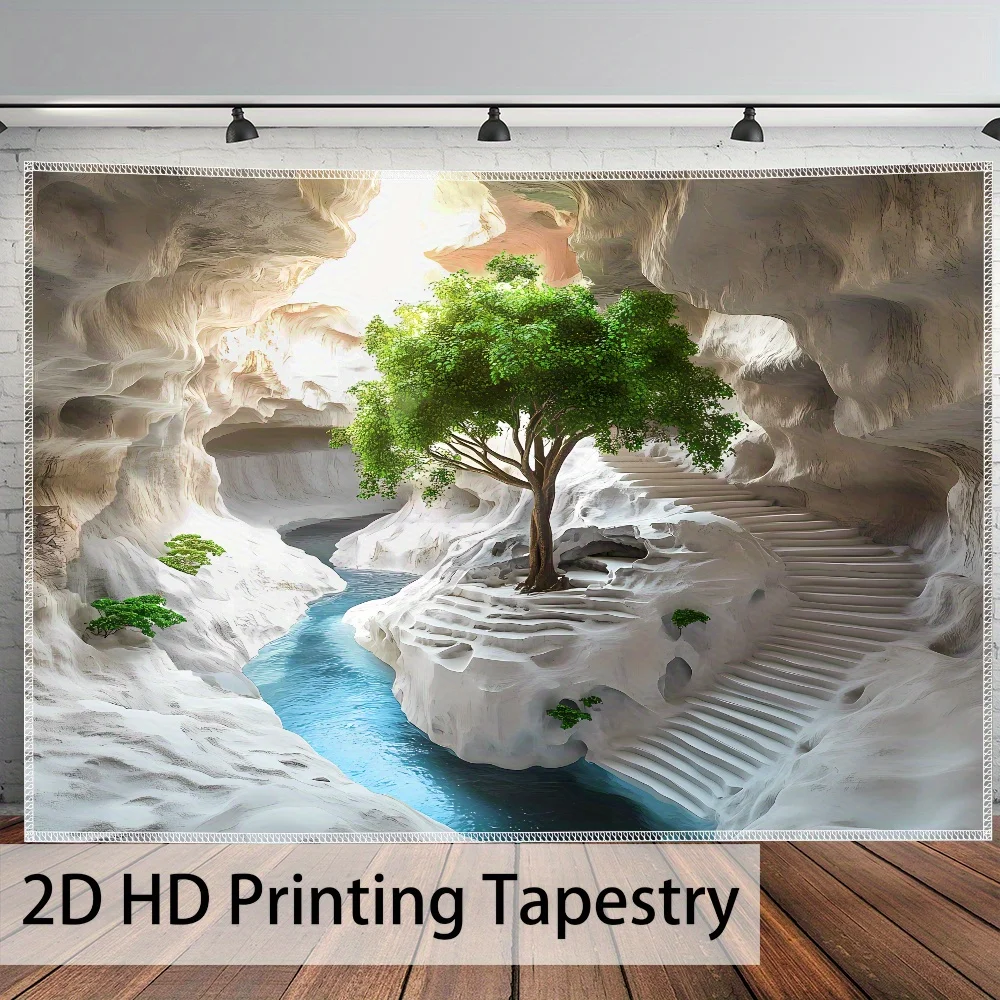 1pc Ultra Large HD Print Polyester Tapestry - Serene Cave Landscape with Staircase, River & Tree Design, Wrinkle-Resistant Indoo