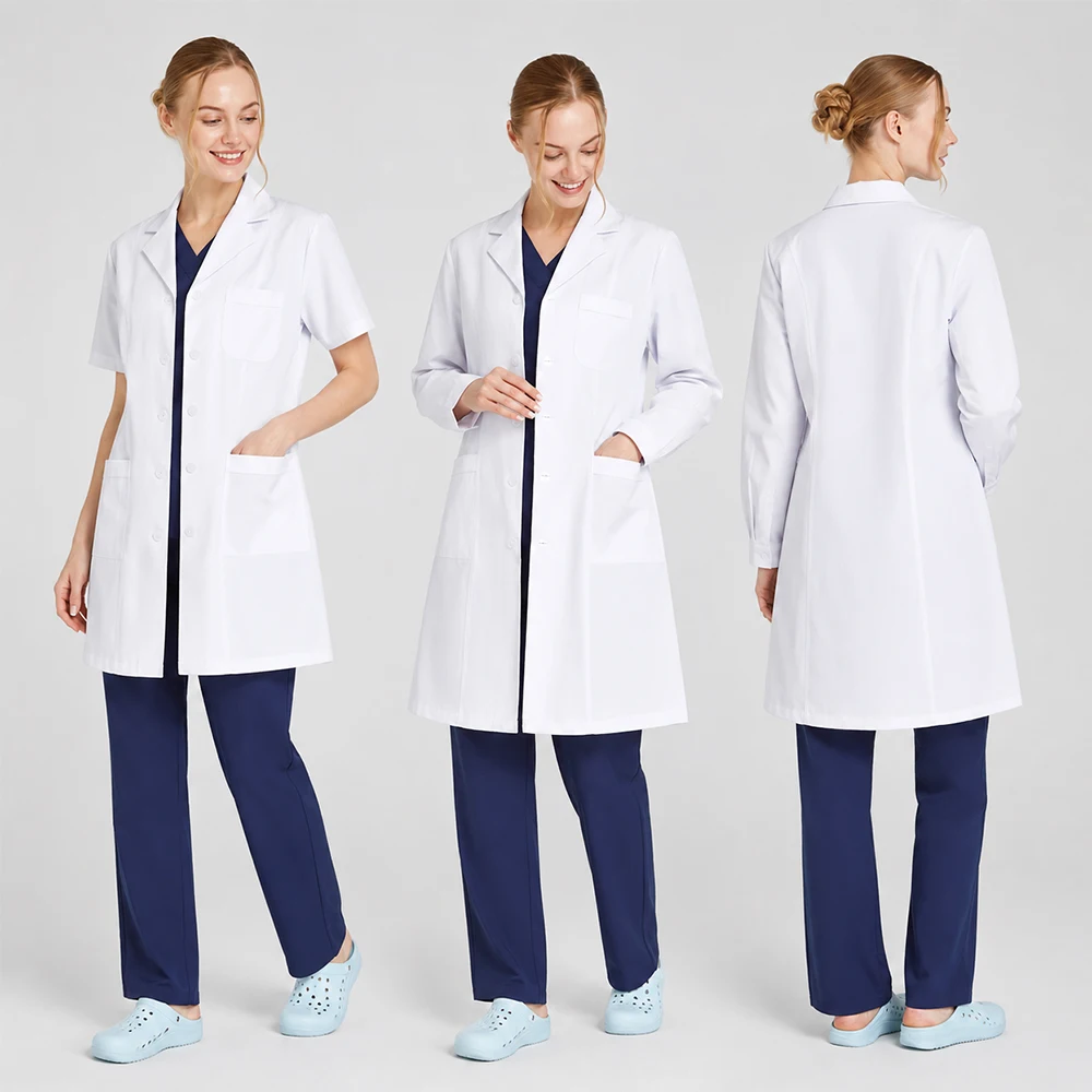 Personalisierter Laborkittel für Frauen mit Hemdkragen Weißer Arztkittel für Tierarzt Praxis Krankenhaus Medizinische Uniform Laborkittel XK002