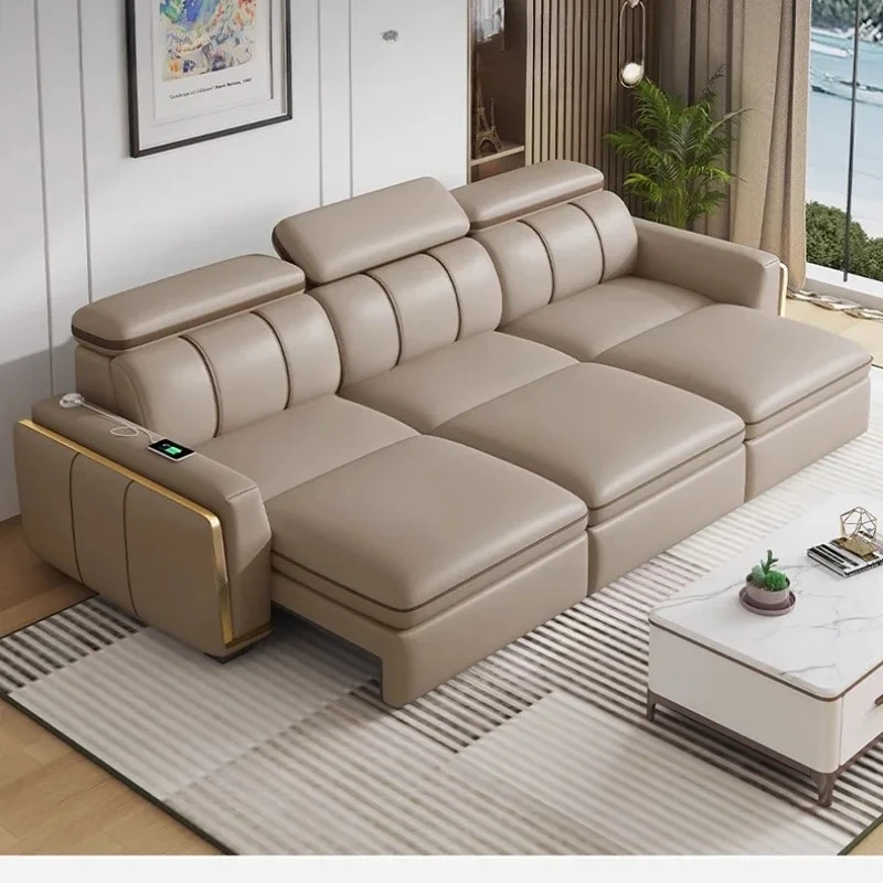 

Leather sofa bed living room, multi-functional folding dual-purpose straight row intelligent electric sofa