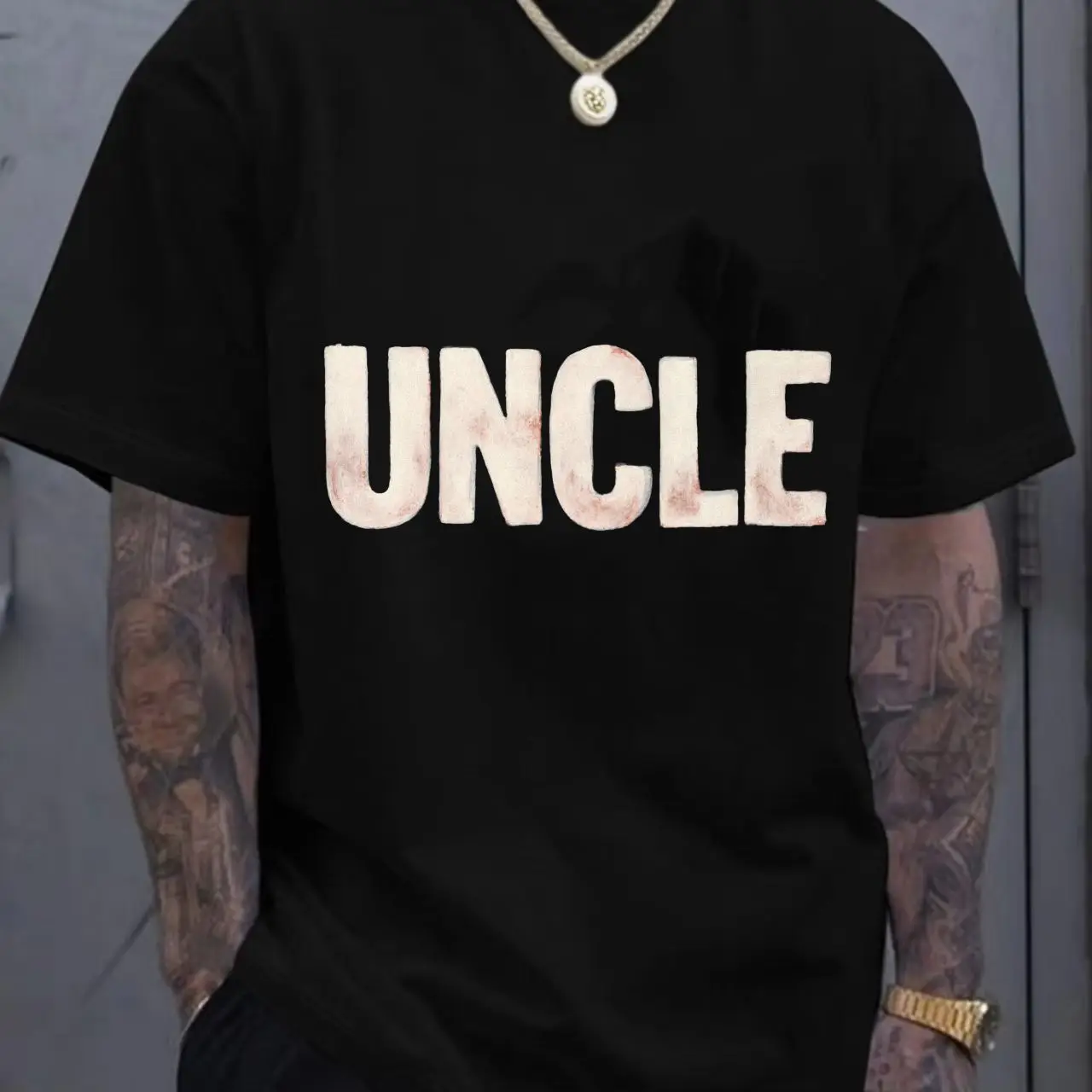 

UNCLE Printed Crew Neck Short Sleeve T-Shirt - Simple Design Light-Colored Letter Pattern Beige/Light Pink, Soft Casual Summer T