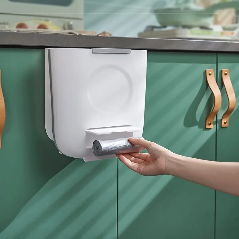 

ONGE Hanging Kitchen Trash Can, Waste Bin,Small Plastic Folding Hang Garbage Can White And Green