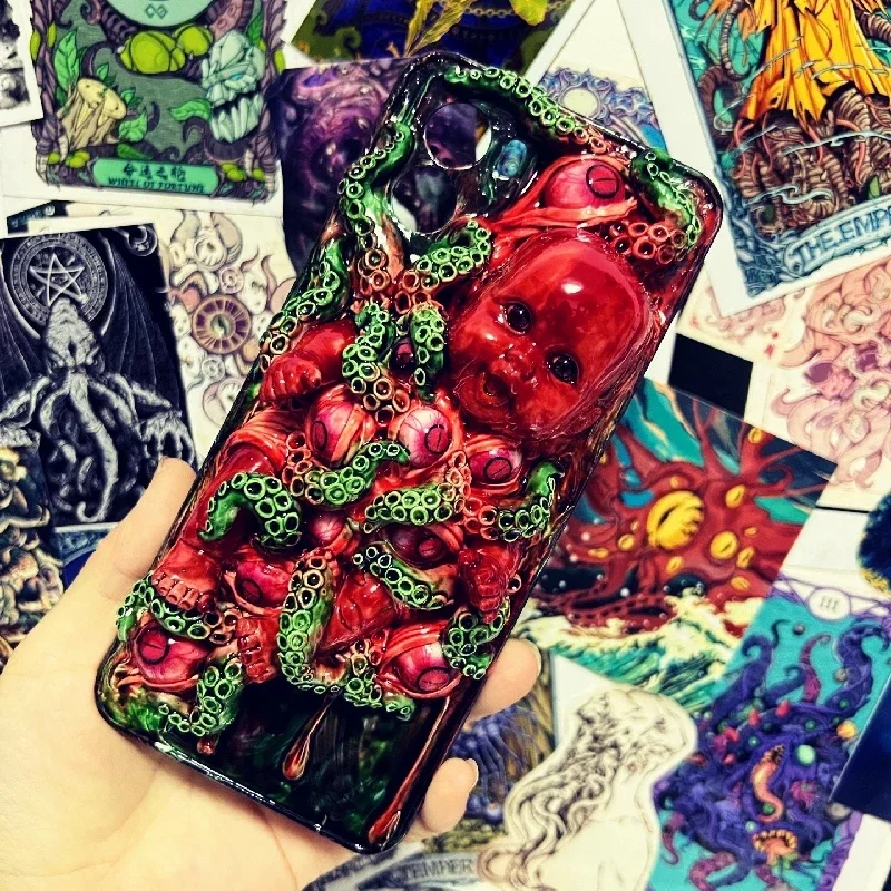 4141 Original 3D Handmade Mobile Phone Case Cthulhu Tentacle Grim Reaper Doll Horror Gothic Art Mobile Phone Case Custom Gift