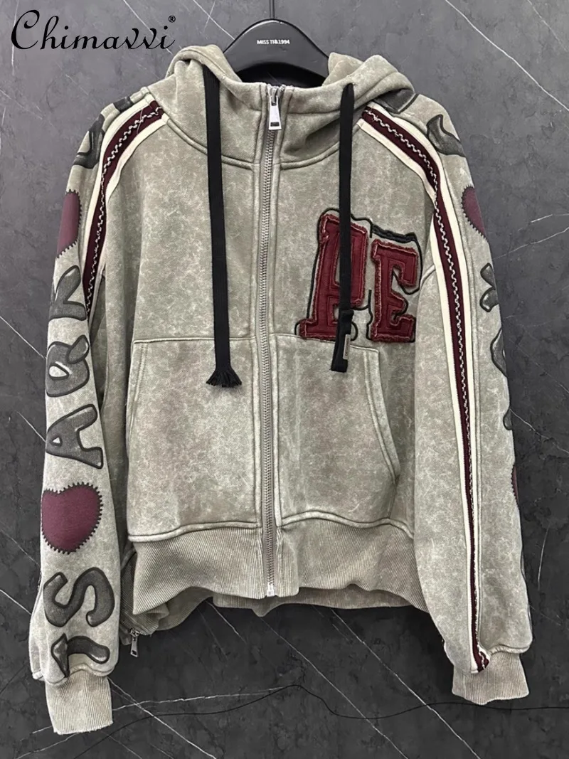 2025 Spring and Autumn New American Retro Embroidered Cardigan Hooded Sweater Loose Fashion Design Sense Jacket For Women