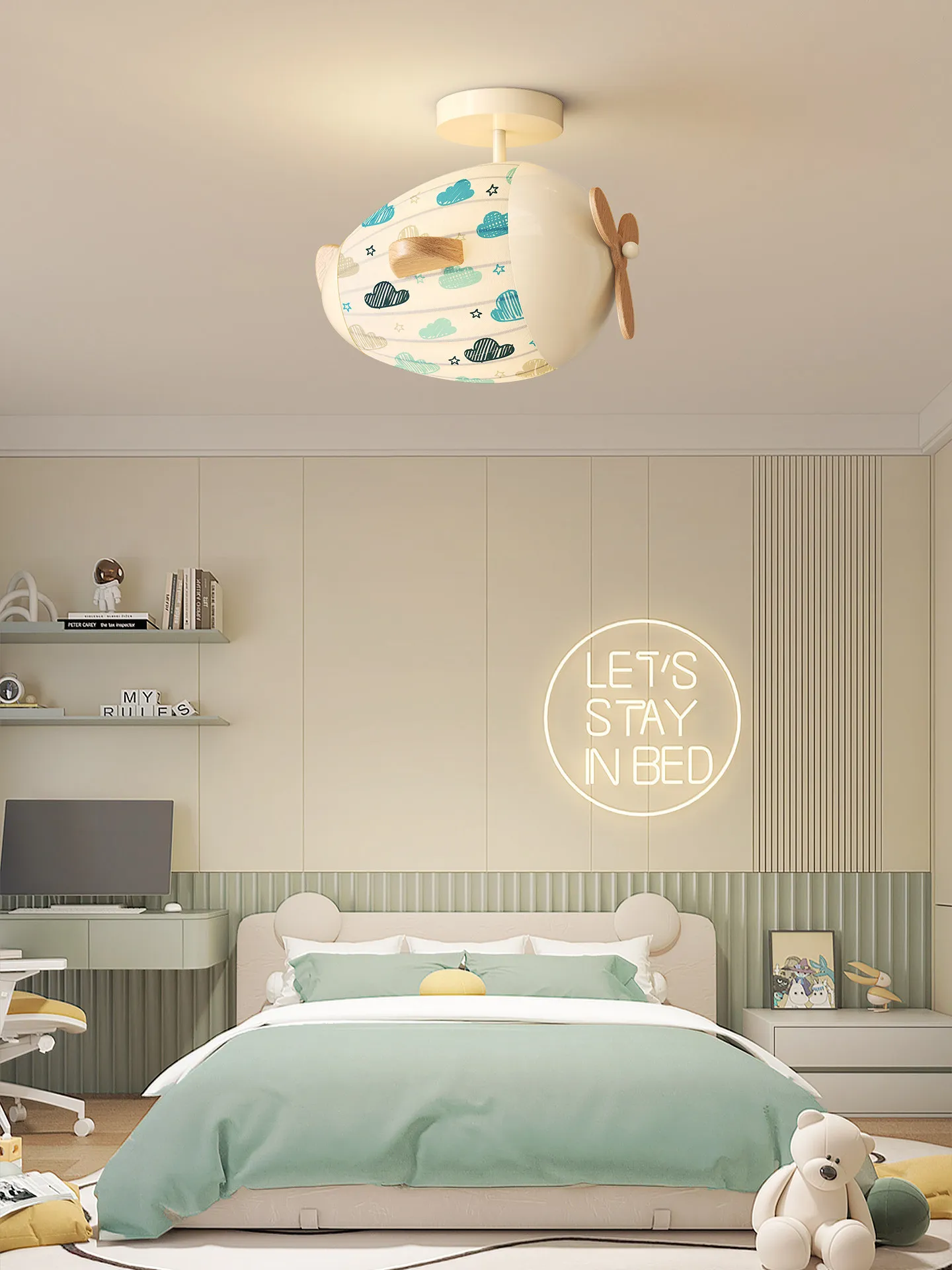 Children's Room Airplane Ceiling Lamp Cream Wind Bedroom Full Spectrum Eye Protection Light for Boys Girls Princess Room Fixture