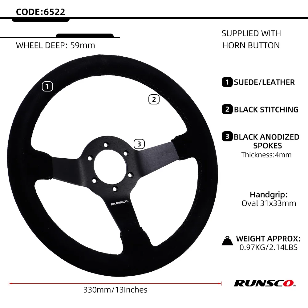 330mm 13Inch Steering Wheel Suede Leather Sport Drift Steering Wheel Aluminum Frame 6061-T6 70mm/PCD