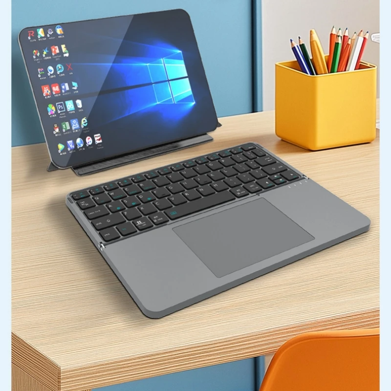 Bluetooth Wireless Folding Keyboard with Touchpad Leather Cover Bracket 64 Keys Suitable for Tablet IPad Cover