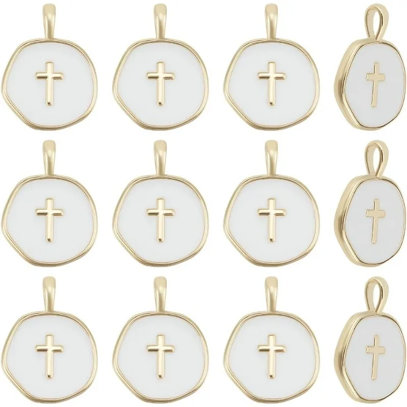 

12 Pcs Flat Round Enamel Cross Charms Pendants 18K Gold Plated Brass Crucifix Pendant for Easter DIY Jewelry Earring Necklace