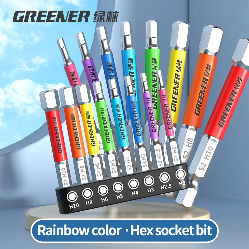 GREENERY Rainbow Hex Head Allen Wrench Screwdriver Bit Set S2 Tungsten Steel Multi-Size Impact Quick Release for Electric Drill