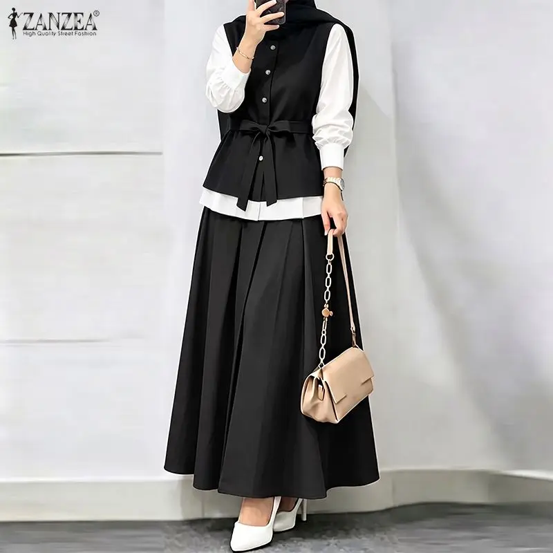 ZANZEA Elegant Long Sleeve Patchwork Blouse A Line Pleated Maxi Skirt Suit Autumn Outfits Women Muslim Two Piece Sets Ramadan