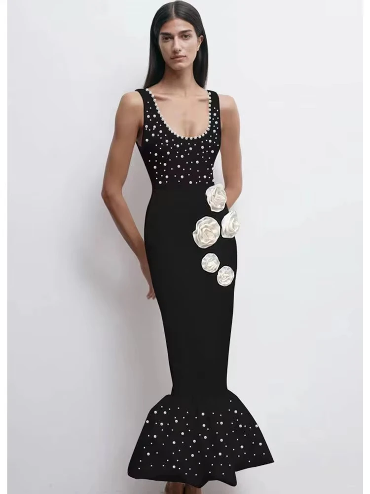 Women Sexy Tank Pearl Flower Black Midi Mermaid Bodycon Bandage Dress 2024 Celebrity Elegant Evening Club Party Dress