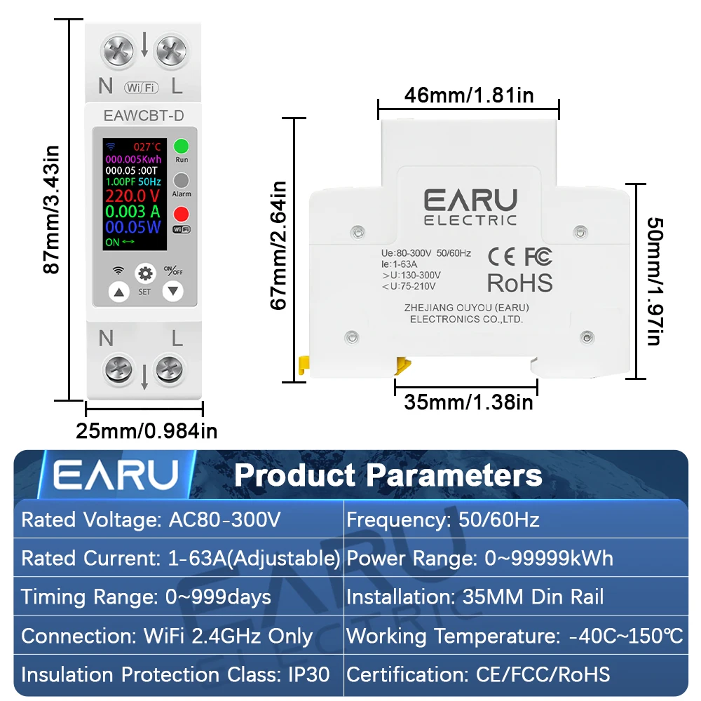 EARU 1P+N Tuya WiFi Smart MCB Circuit Breaker Current Voltage kWh Power Energy Meter Protector Remote Control Timer Relay Switch