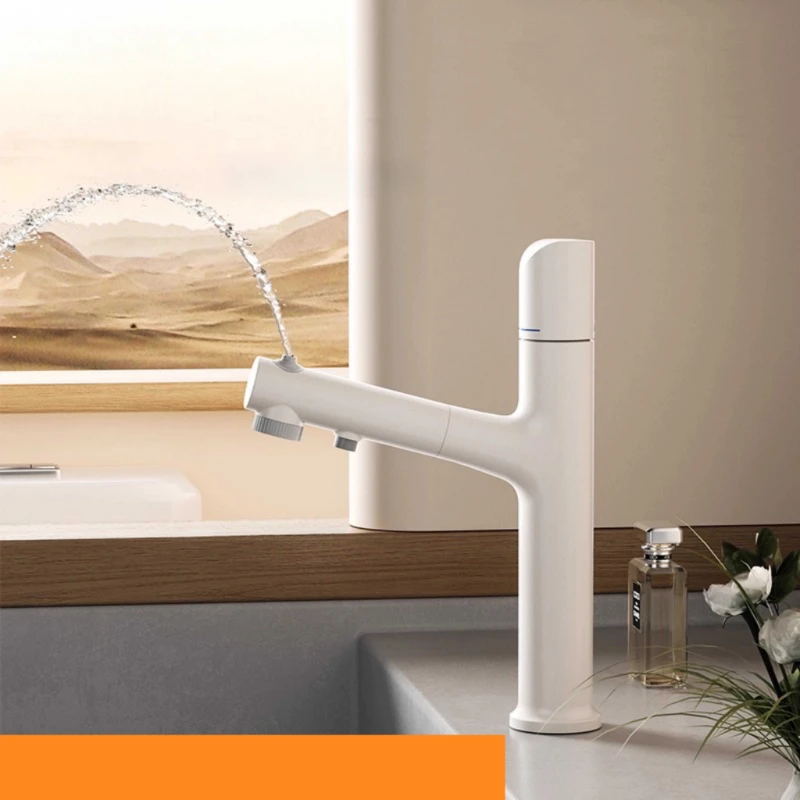 All-copper White Countertop Washbasin Washbasin Basin Pull-out Hot and Cold Rotating Faucet Single Handle Single Hole