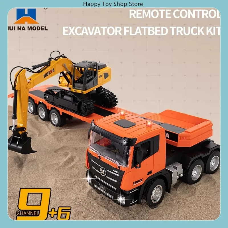 Alloy RC Flatbed Trailer Excavator Set Remote Control Engineering Truck Alloy Engineer Vehicle Huina 1319 1318 1/18 9 CH Semi