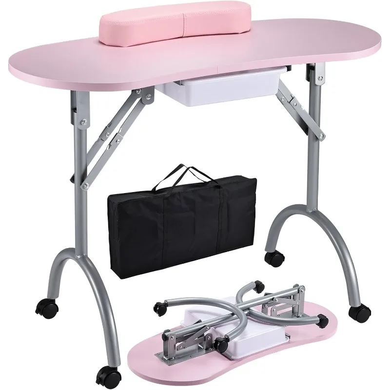

home.Professional Foldable & Portable Manicure Table Nail Technician Desk Workstation 4 Lockable Wheels with Drawer Cl