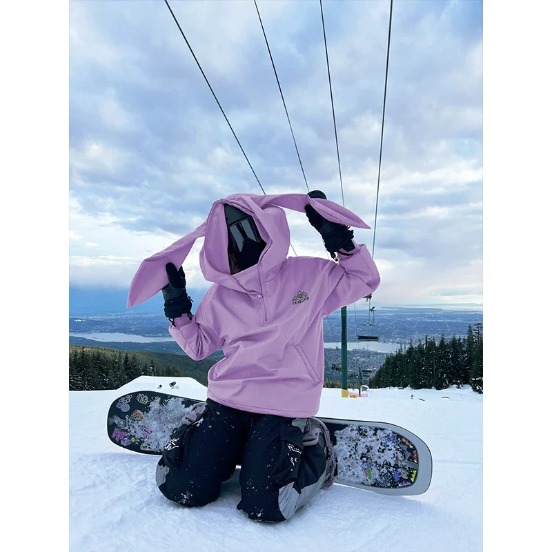 

Purple Cute Rabbit Ear Ski Sweatshirt Unisex Fleece Lined Half Zip Windproof Cold Resistant Clothing for below 40 Degrees Cel...
