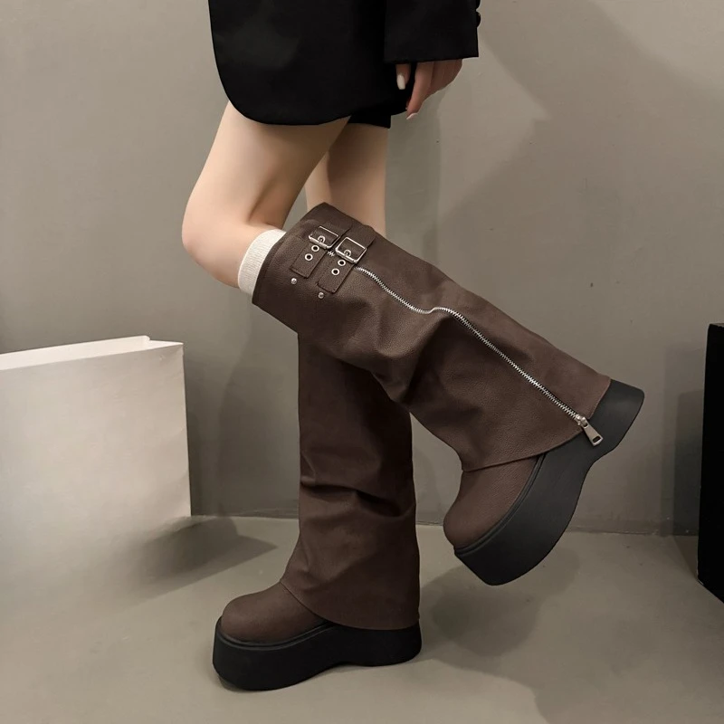 

High Boots Fashion Round Toe Suede Metal Buckle Platform Non-Slip Wear-Resistant Block Heel Shoes