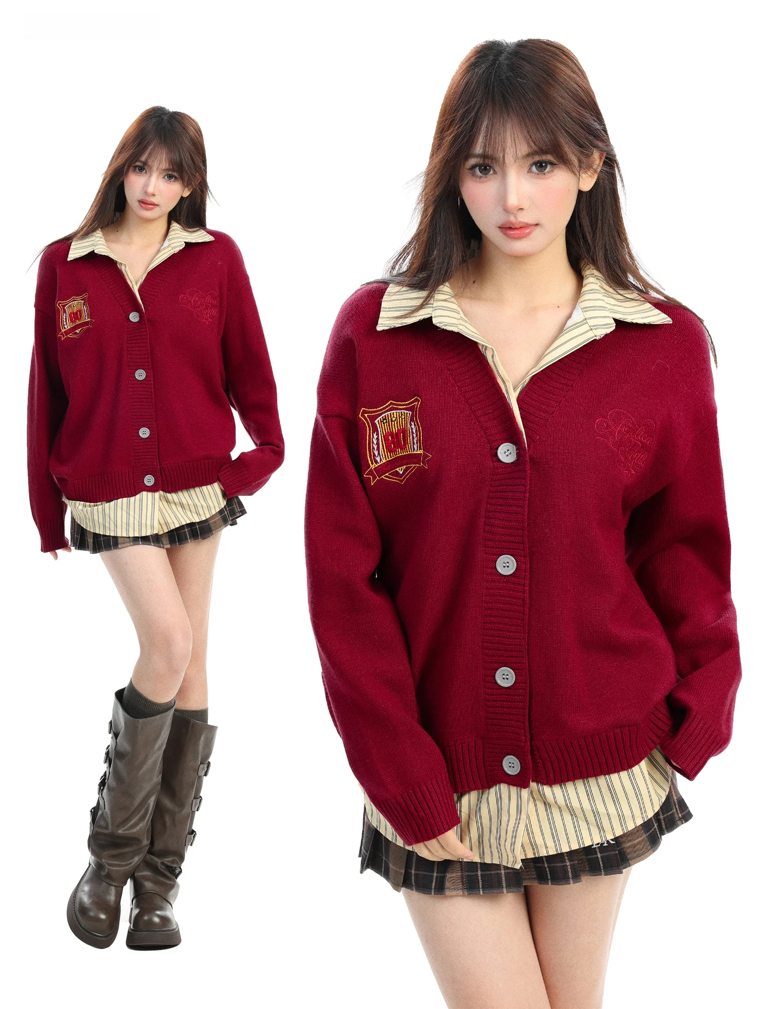 

Red New Year Knitted Sweater Women's Autumn Winter Lazy Sle Embroidered Open Cardigan Fake Two-Piece Knitwear College Sle