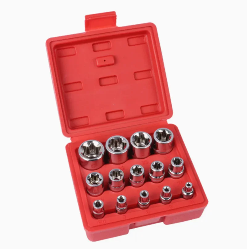 

14PCS/Set 1/4'' 3/8'' 1/2'' Driver E Torx Star Bit Chrome Socket Kit Tool Set + Box Car Toolbox