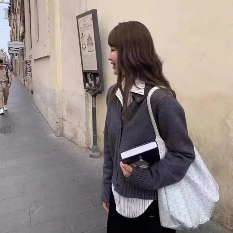 

Новинка 2025, женский кардиган, 100% чистая шерсть, женская вязаная куртка с лацканами, повседневная корейская версия, модный женский базовый свитер