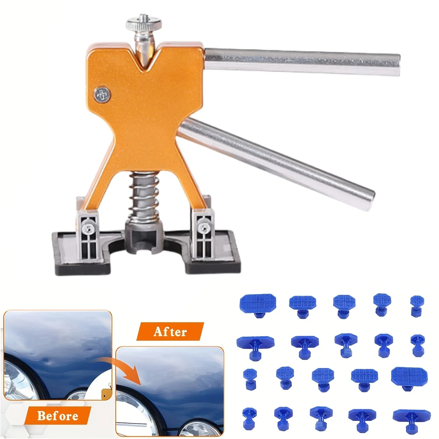 Paint-Free Dent Repair Kit, Includes Dent Repair Tool Kit and Gold Tool Lifter, Comes with 20 Dent Pulling Tabs, Suitable for Repairing Dents on Car Bodies Caused by Hail and Other Metal Surfaces.
