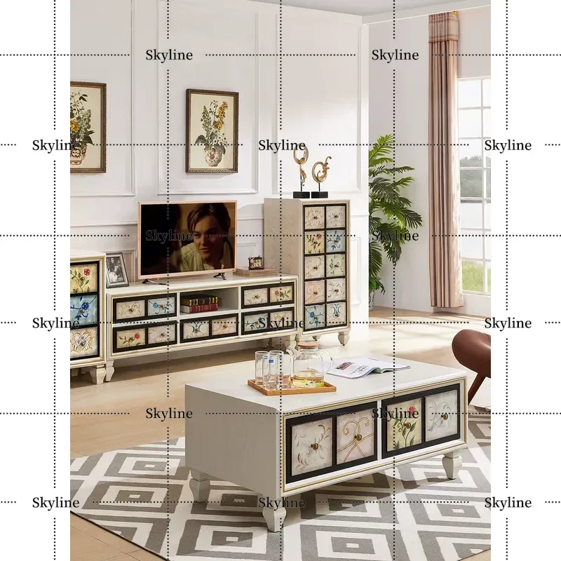 for American Country Style Coffee Table and TV Cabinet Combo Mediterranean Retro Solid Wood Storage Furniture for Small