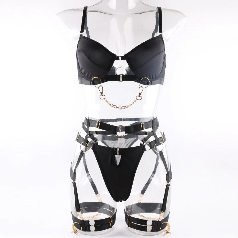 Sexy Fashion Metal Chain Motorcycle Accessories Solid Color Four-Piece Set Front Buckle Sexy Lingerie Set in Stock