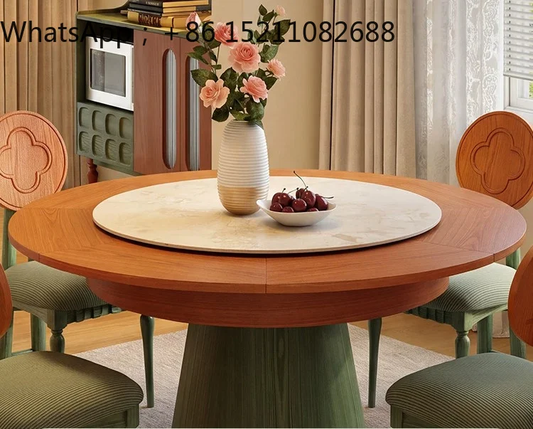 SCY rotating retractable dining table medium antique rock slab dining table small circle becomes large round dining table