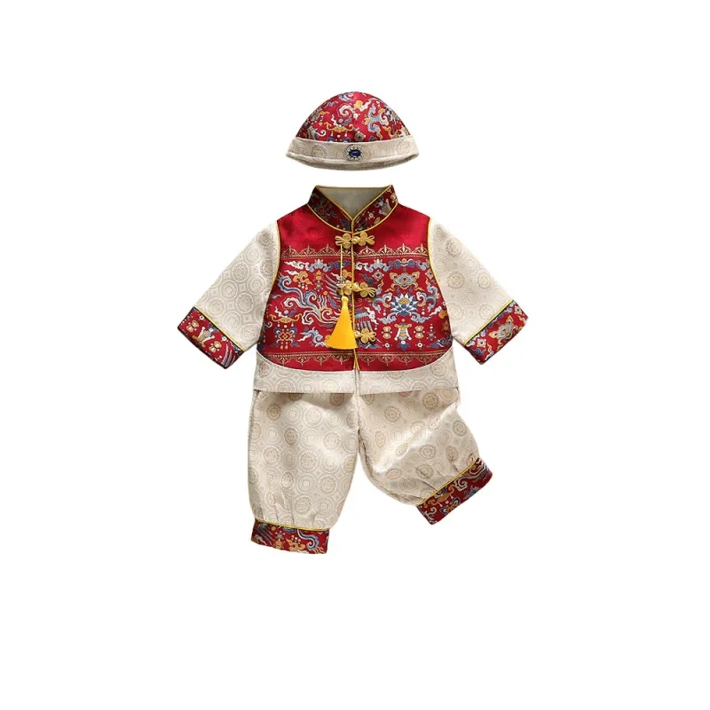 2024NEW Red Chinese Hanfu For Baby Boy Embroidery Tang Suit Birthday Clothing Dragon Long Sleeve Full Moon Gift New Year