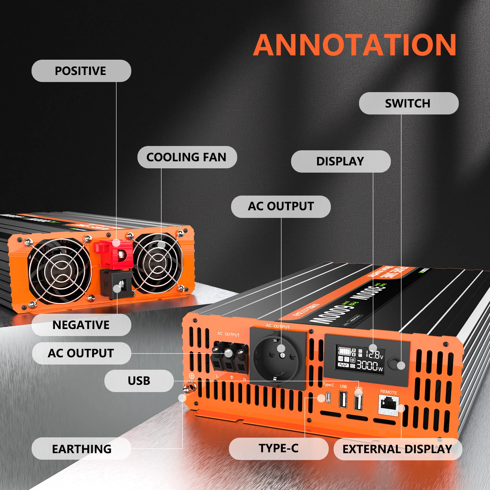 3000W Pure Sine Wave Inverter Peak 6000W DC12V to AC230V EU Socket LCD Remote Control Voltage Converter for RV Solar Off‑Grid Po
