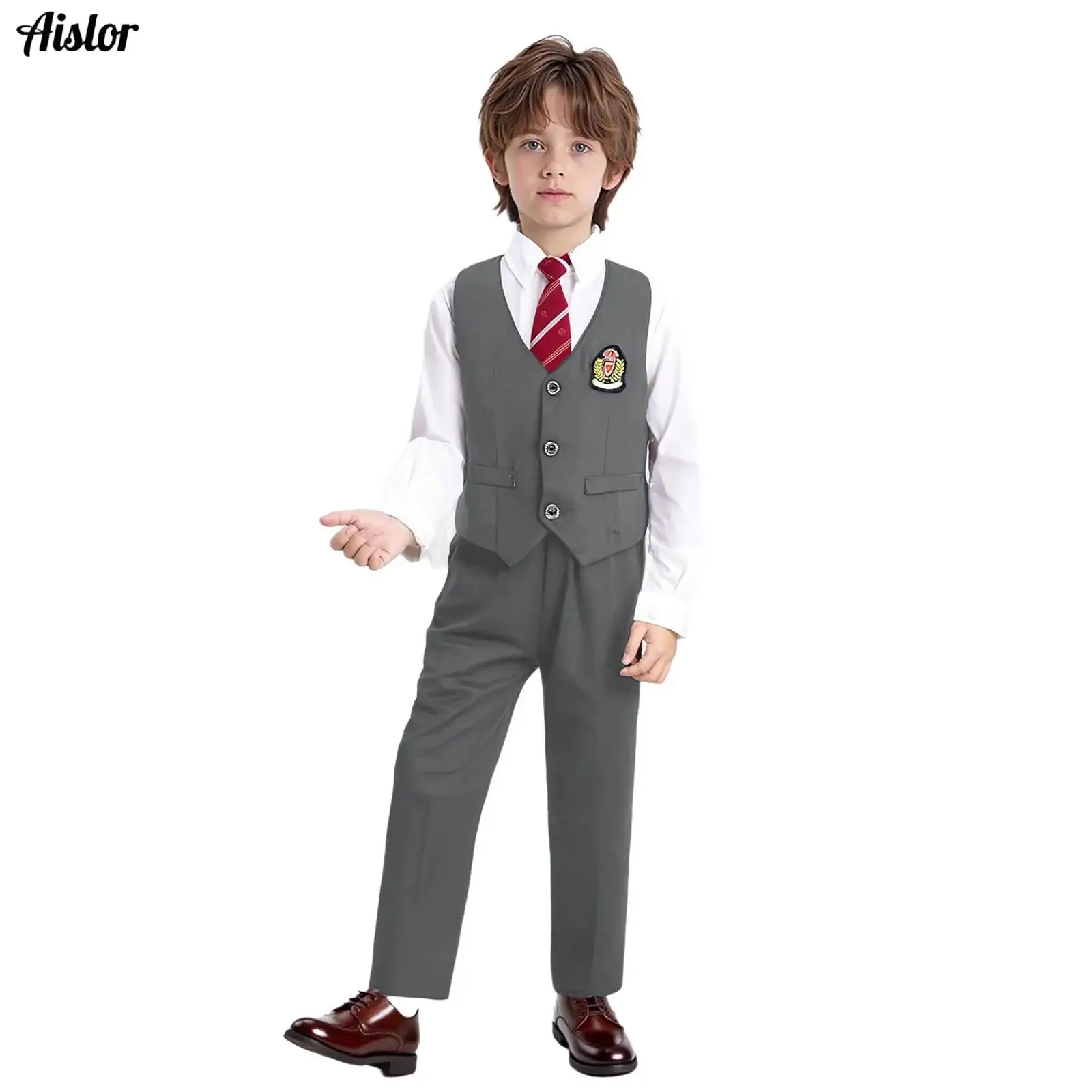 Kids Boys School Uniform Gentleman Students Recitation Chorus Performance Outfit Long Sleeve Shirt with Pants Tie and Badge Set