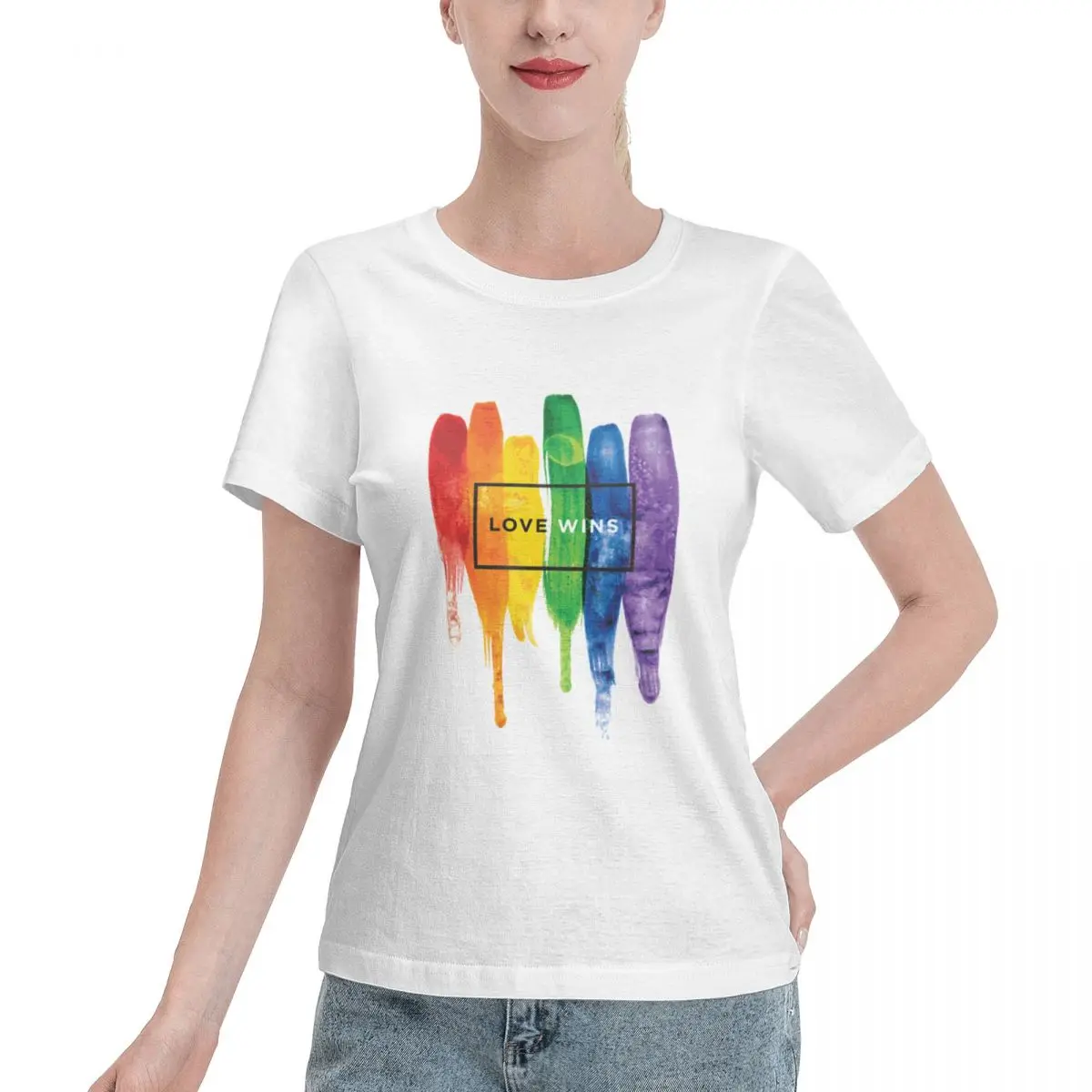 Top Rated Watercolor LGBT Love Wins Rainbow Paint Typographic Women's T-shirt Versatile Wear High Quality Cotton Shirt