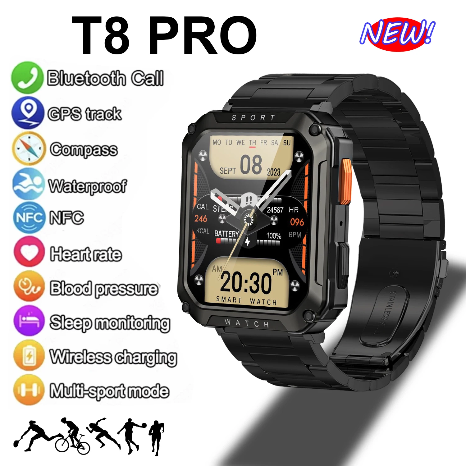 New 2.01-Inch Screen Men Smart Watch Rugged Military BT Call Outdoor Sports Fitness Waterproof SmartWatch GPS Tracker Heart rate